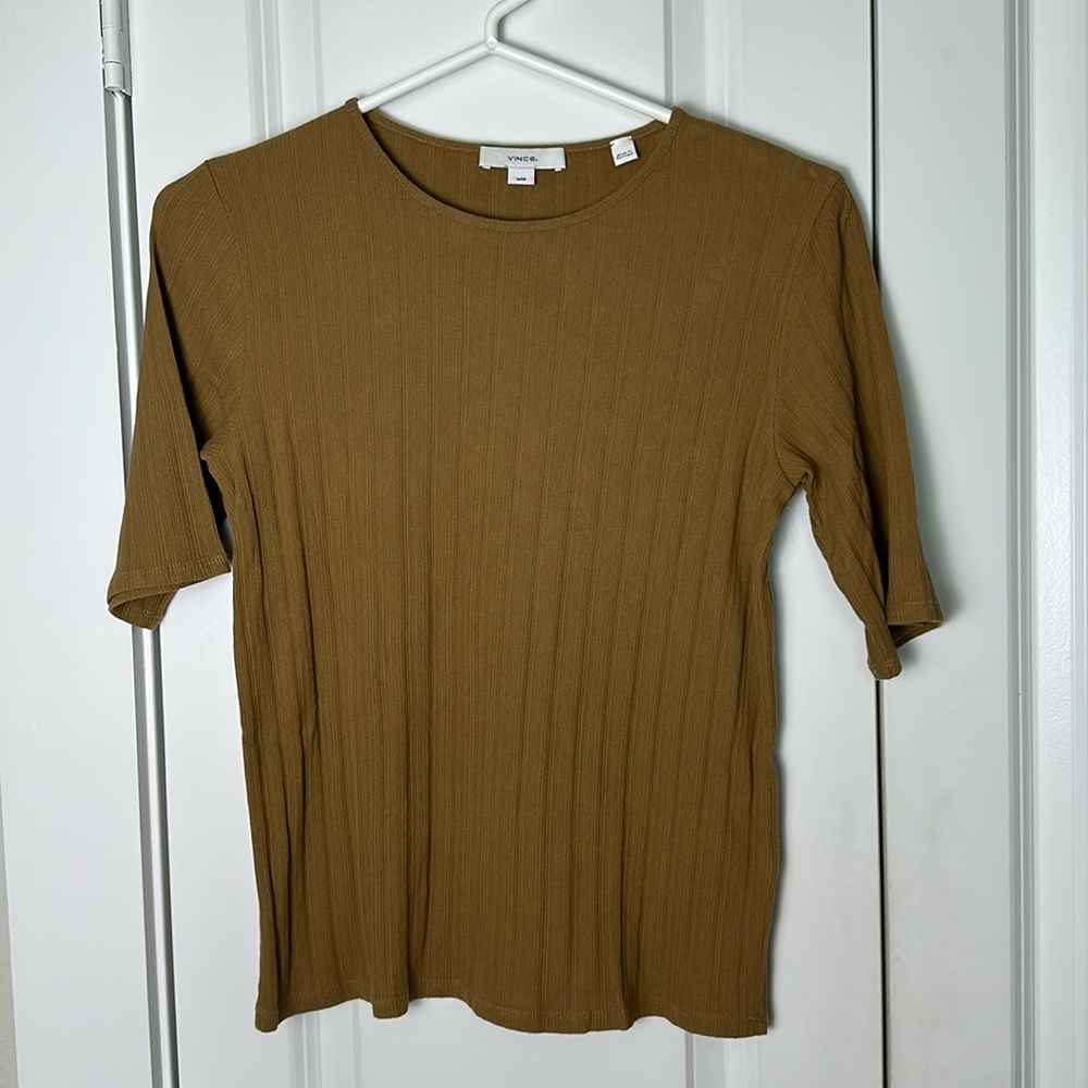 Vince Elbow Sleeve Brown Crew Neck Ribbed T-shirt